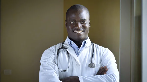 Successful Doctor Smiling African American White Teeth White Coat Stethoscope — Stock Photo, Image