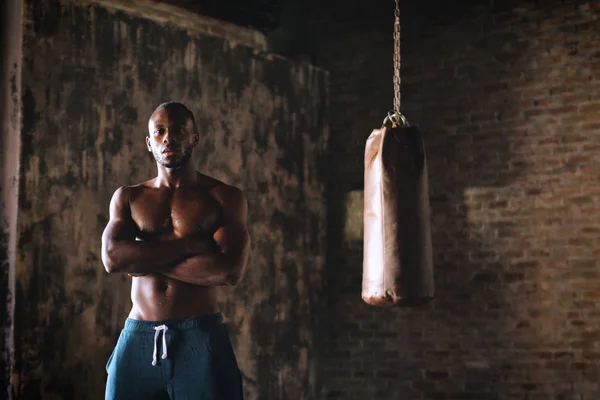 Handsome Shirtless Muscular Boxer African Man Posing Camera Standing Punching — Stock Photo, Image