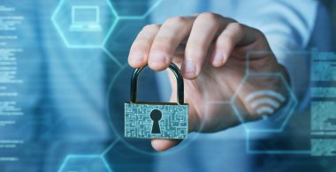 işadamı bir asma kilit ile show fütüristik ile güvenli oturum anahtarları hizmet ve, safety.concept hakkında holografik: şifre, teknolojik hacker Internet veya bankacılık Sistem Koruması sistem dosyaları