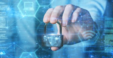 işadamı bir asma kilit ile show fütüristik ile güvenli oturum anahtarları hizmet ve, safety.concept hakkında holografik: şifre, teknolojik hacker Internet veya bankacılık Sistem Koruması sistem dosyaları
