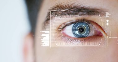 insan gözü futuristik vizyonu, bilimsel araştırma ve siber, sanal kimlik ile kısmi görünümünü 