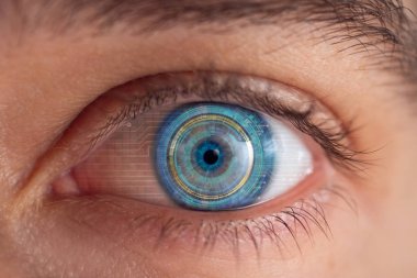 insan gözü futuristik vizyonu, bilimsel araştırma ve siber, sanal kimlik ile kısmi görünümünü 