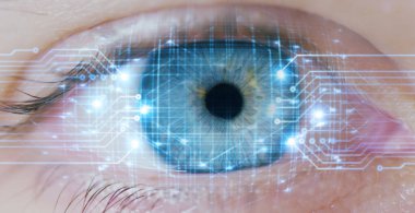 insan gözü futuristik vizyonu, bilimsel araştırma ve siber, sanal kimlik ile kısmi görünümünü