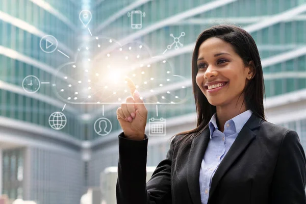 Businesswoman Looks Front Him Cloud Archiving Icon Appears Futuristic Graphics — Stock Photo, Image