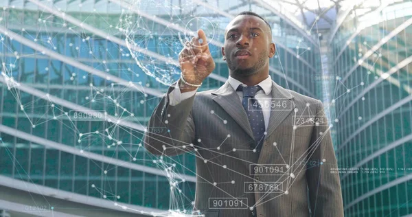 Hombre Negocios Afroamericano Tocando Con Icono Del Holograma Del Dedo —  Fotos de Stock