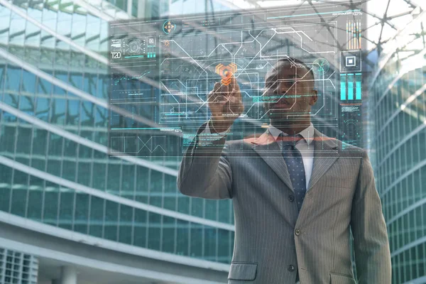Businessman Holography Controls Gps Location Futuristic Maps Looks Way Concept — Stock Photo, Image