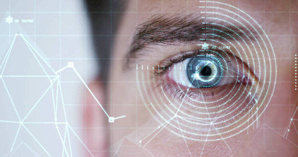 partial view of man eye with futuristic vision, scientific research