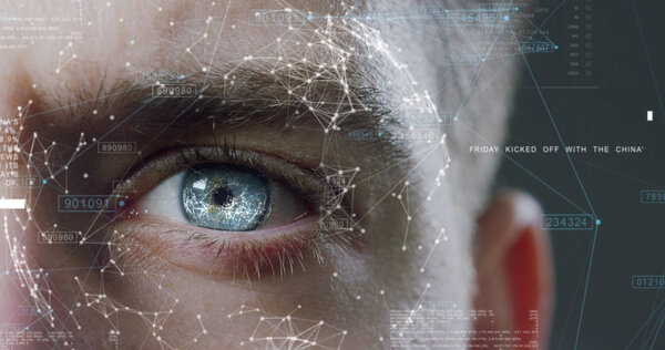 partial view of male eye with futuristic vision, scientific research and cyberspace, virtual identity 