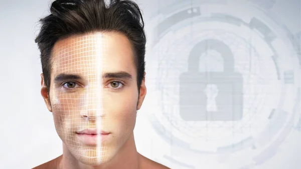 未来和技术扫描一个美丽的男人的脸的面部识别和扫描的人 — 图库照片