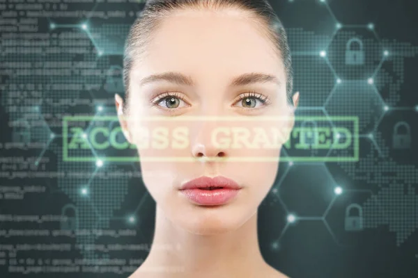 Futuristické Technologické Skenování Tvář Krásné Ženy Pro Rozpoznání Obličeje Naskenované — Stock fotografie