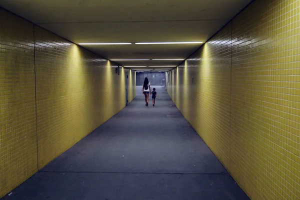 Portrait Family Made Mother Daughter Hand Hand While Walking Corridor — Stock Photo, Image