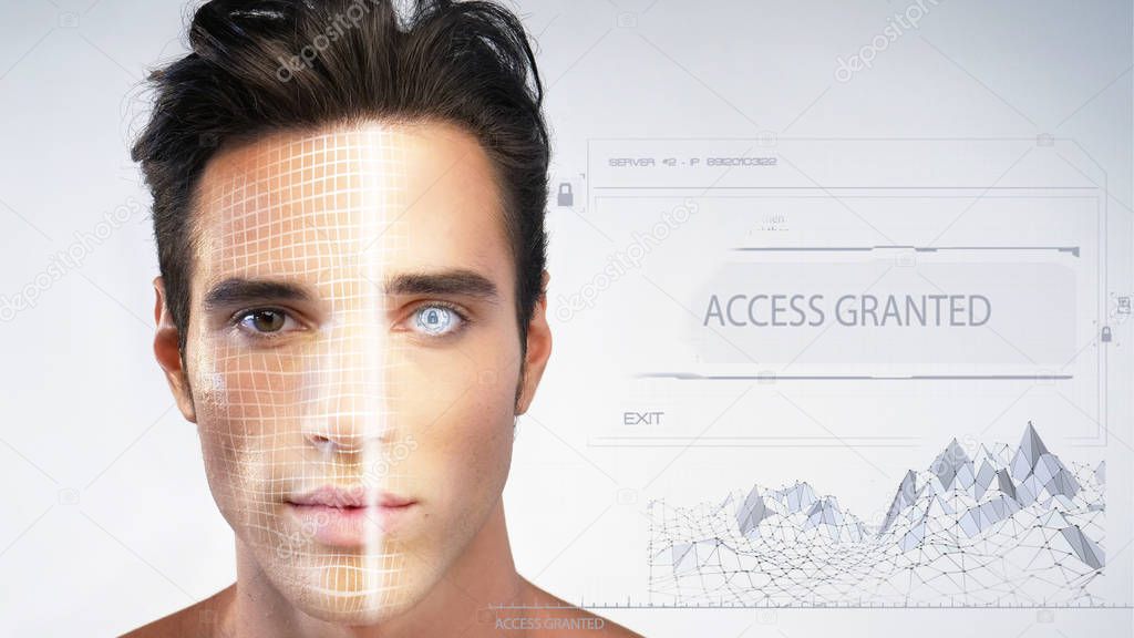 Futuristic and technological scanning of the face of a beautiful man for facial recognition and scanned person.Concept of:  future, security, scanning.