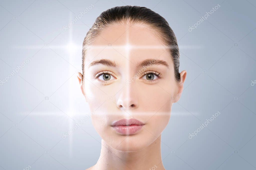 Close up of the face of a beautiful woman with perfect skin thanks to creams to keep young and cream contour anti-aging and wrinkle eyes. Concept of: beauty, cleanliness and perfection
