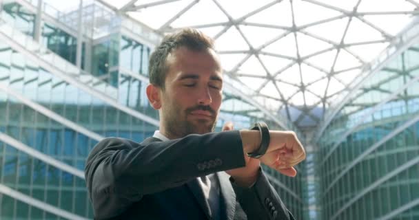 Caucasian Business Man Using Futuristic Modern Wristwatch Slow Motion Video — Stock Video