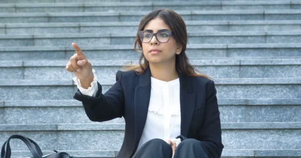 Young Arab Woman Manager Touching Finger Virtual Futuristic Technology Hologram — Stock Video