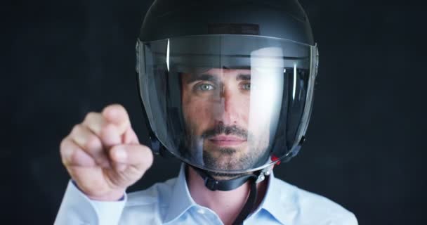 Portrait Professional Rider Motorcyclist Protective Black Helmet Black Background Concept — Stock Video