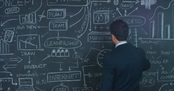 肖像的男子汉业务营销的老师 在黑板上 在黑色的背景上绘制图的成功 职业增长 增长图表 成功的人 市场营销 财务的想法 — 图库视频影像