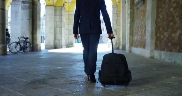 Vestido Elegante Hombre Negocios Con Una Maleta Caminando Cámara Lenta — Vídeos de Stock