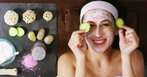 Cinemagraph Video Woman Spa Happy Smiling Woman Taking Cucumber Slices — Stock Video