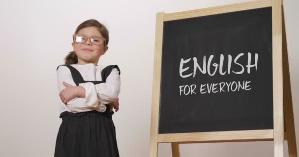 一个快乐的小女孩在一块小黑板前打扮成老师的肖像 她画了经济 商业和营销的图表 未来的教育 商业和教学 — 图库视频影像