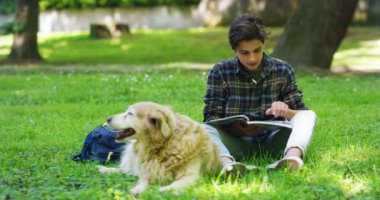 parkta eğitim ve yeşil çim çayır köpeği ile otururken okuma genç çocuk video 
