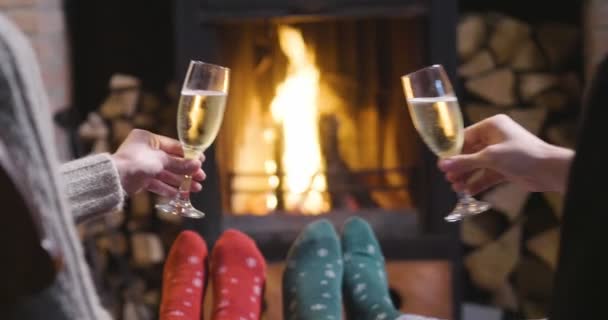 One Winter Evening Couple Sitting Front Fireplace Relaxing Drinking Glass — Stock Video