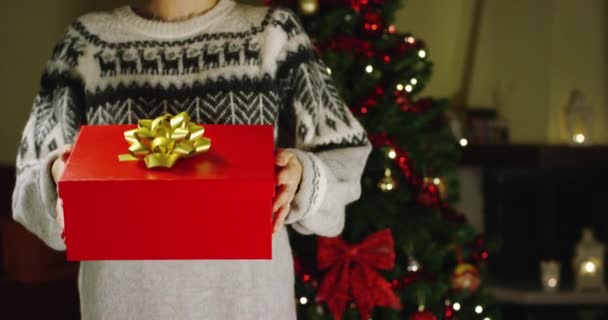 Fille Avec Chapeau Noël Fait Des Souhaits Ouvre Paquet Cadeau — Video