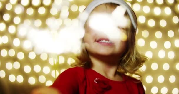 Girl Plays Flare Sparkling Smiles Joy New Year Celebrations Happy — Stock Video