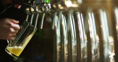barmen bardakta Bira döküyor video, kırpılmış görüntü bar 