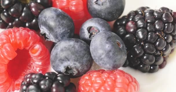 Zusammensetzung Eines Typischen Echten Frühstücks Mit Joghurt Blaubeeren Himbeeren Brombeeren — Stockvideo