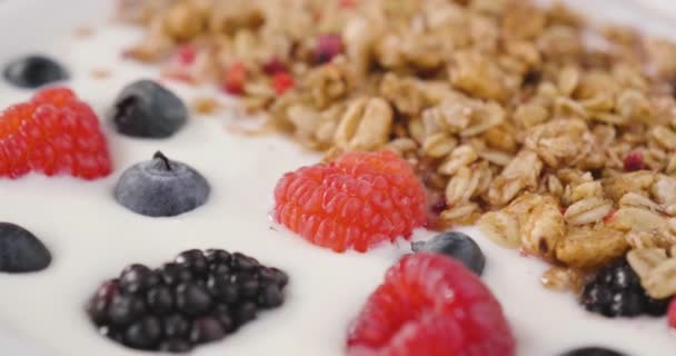 イチゴ ヨーグルト グラノーラを使った典型的な本物の朝食の組成物 フィットネス ダイエット フィットネス イチゴ — ストック動画