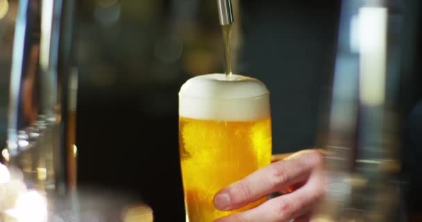 slow motion video, cropped image of barman pouring beer in glass at bar form beer tap