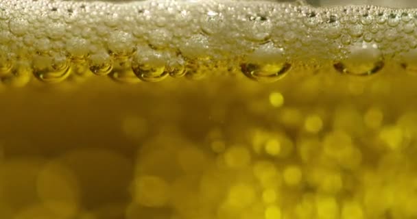 Video Cámara Lenta Cerveza Brillante Amarilla Vidrio Con Burbujas — Vídeos de Stock