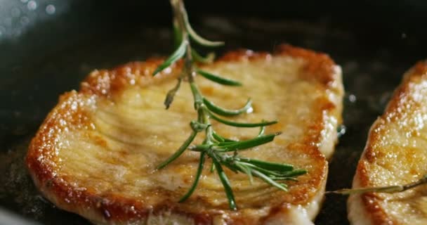 Primo Piano Dello Chef Aggiungendo Erbe Alla Frittura Carne — Video Stock