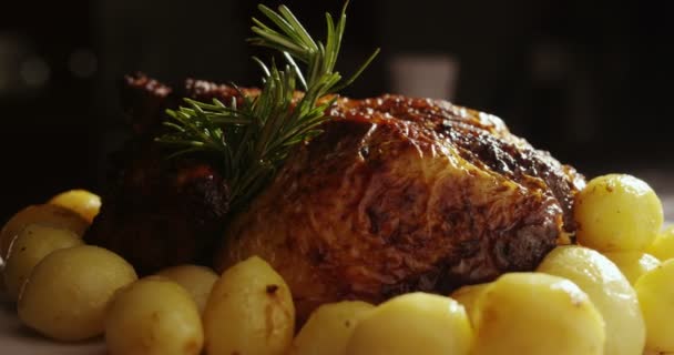 Super Slow Motion Macro Spinning Whole Roasted Chicken Rosemary Baked — Stock Video