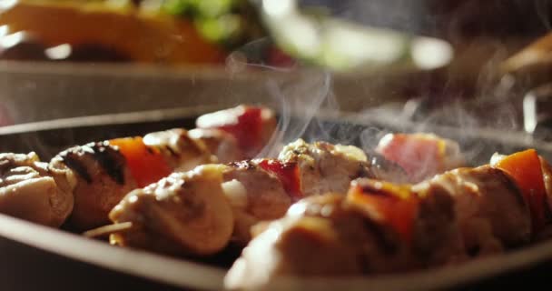 Super Slow Motion Skewers Meat Vegetables Cooked Spit Pan Close — Stock Video