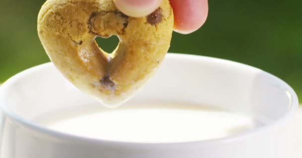 Mano Niño Para Desayuno Día Soleado Sumerge Una Galleta Forma — Vídeo de stock