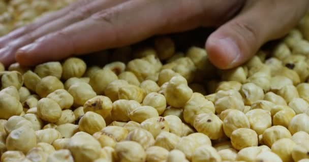 Detail Člověka Dotýká Loupaných Lískových Ořechů Světle Žluté Koncepce Solené — Stock video