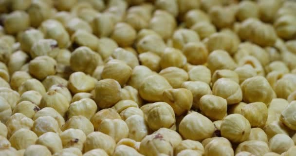 Close Man Touching Peeled Light Yellow Hazelnuts Concept Salted Nuts — Stock Video