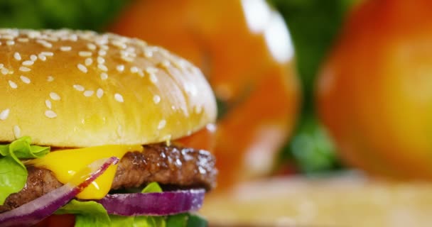 Видео Замедленной Съемки Частичный Вид Гамбургера Луком Помидорами Зеленым Салатом — стоковое видео