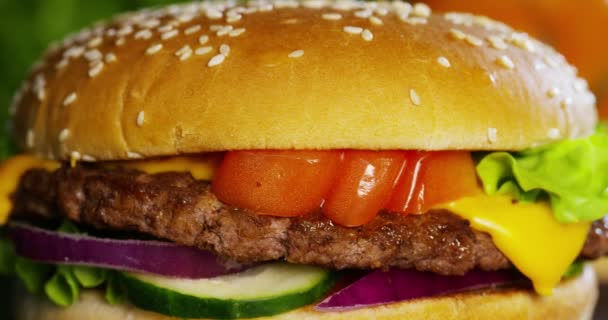 Hamburger Soğan Domates Yeşil Salata Soslar Ile Video — Stok video