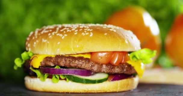 Videó Hamburger Hagyma Paradicsom Zöld Salátával Mártások — Stock videók