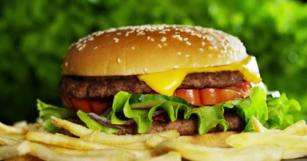 Video Van Hamburger Met Uien Tomaten Groene Salade Sauzen — Stockvideo