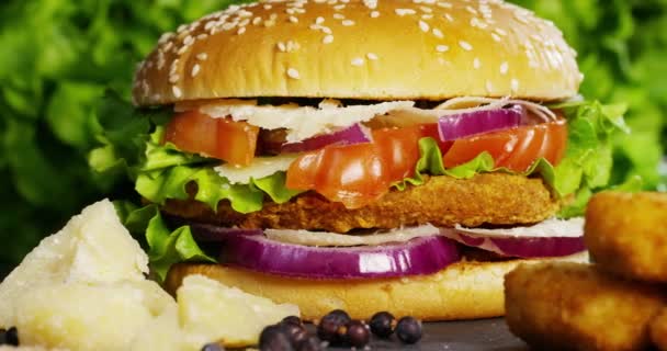 Vídeo Hamburguesa Clásica Con Cebolla Tomate Ensalada Verde Salsas — Vídeos de Stock