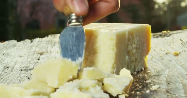 Lento Movimiento Cocinero Queso Parmesano Rallador Típico Queso Italiano Plato — Vídeo de stock