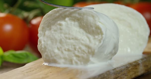 Macro Shot Fresh Italian Mozzarella Bufala Bio Full Milk Background — Stock Video