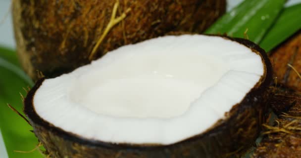 Ein Tropfen Milch Tropft Köstlichen Frischen Nahrhaften Kokosmilchshake Vor Dem — Stockvideo
