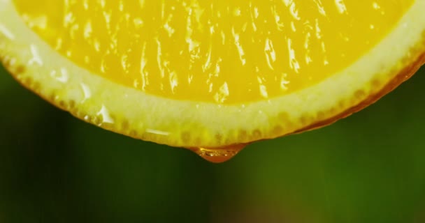 Fechar Macro Uma Fatia Laranja Uma Gota Água Cai Câmera — Vídeo de Stock