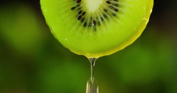 Nahaufnahme Oder Makro Einer Kiwi Scheibe Ein Wassertropfen Fällt Zeitlupe — Stockvideo