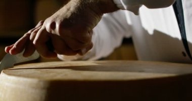 Süper ağır çekim orta yaşlı peynir maker'ın İtalyan Parmesan peynir/kahvaltilari Reggiano kalite kontrol için tekerlek keser (yakın)